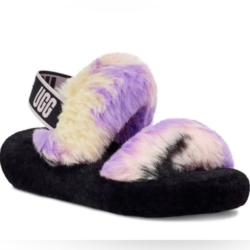 UGG Black Faux Fur Slide Slippers with Pastel Purple, Cream, Pink Tie-Dye Fur